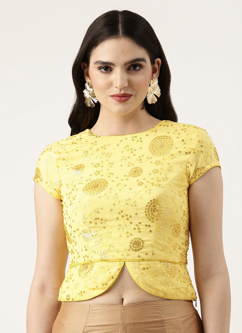 Yellow Embroidered Chinon Blouse Wedding Wear