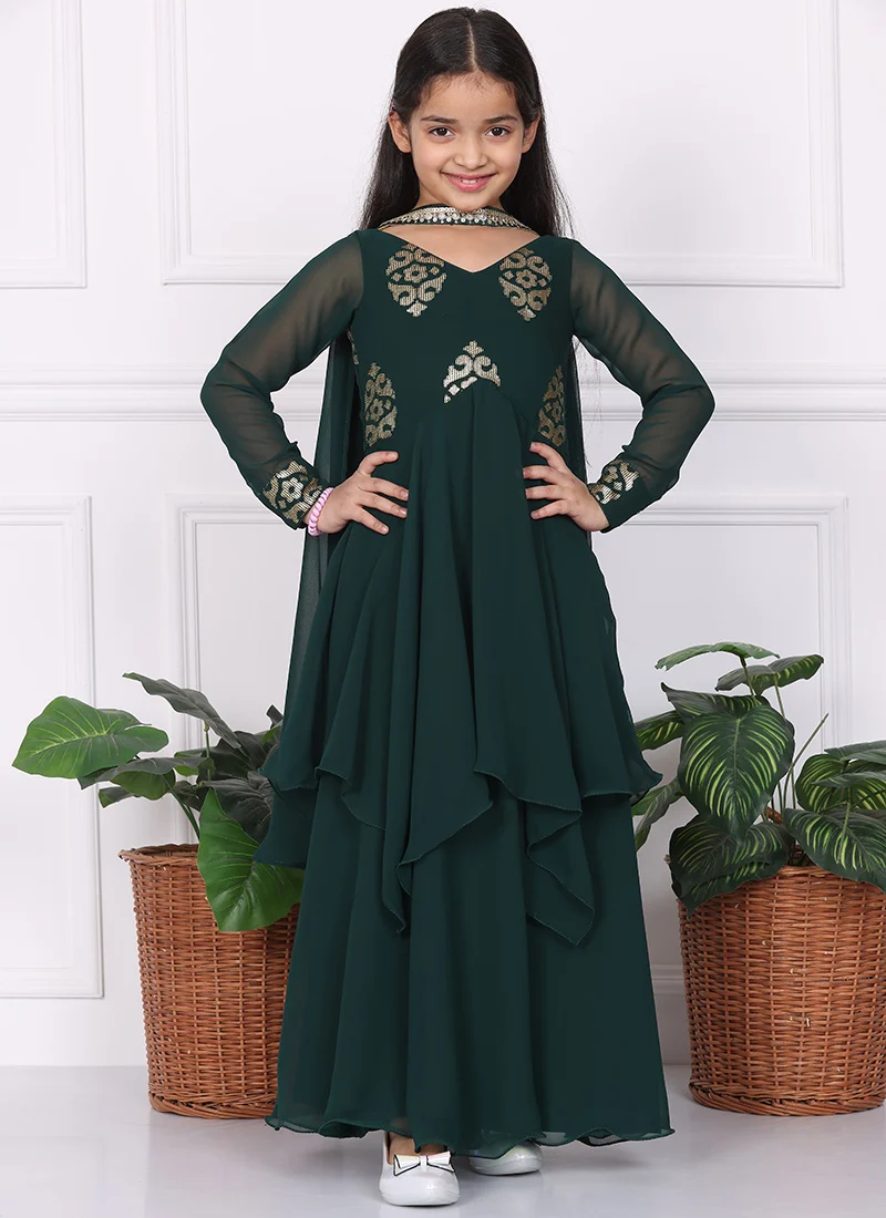 Kids Girls Green Embroidered Handkerchief Style Anarkali Suit Wedding Wear